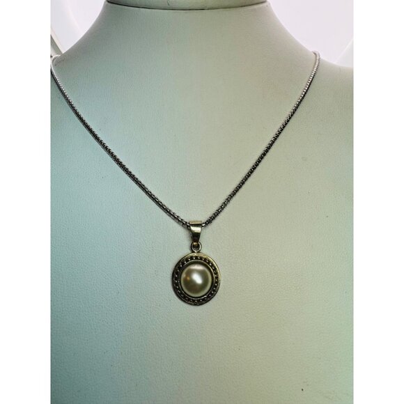 Vintage Estate Sterling Silver 925 Chain Necklace with Pearl Dot Border Pendant